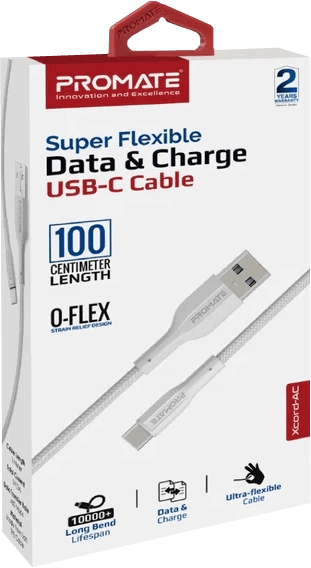 Promate XCORD-AC Super-Flexible Type-A to Type-C Cable (1m) - White  for sale in Egypt from Games2Egypt