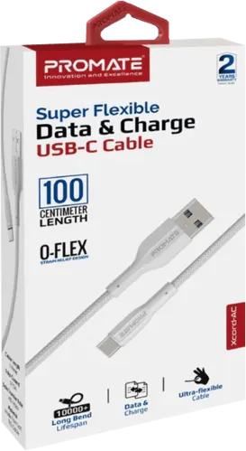 Promate XCORD-AC Super-Flexible USB-A to USB-C Cable (1m) - White