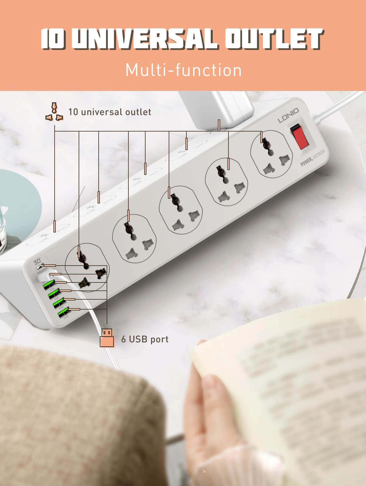 LDNIO Power Strip SC10610 - 10 AC Outlets & 4 USB PORTS  for sale in Egypt from Games2Egypt