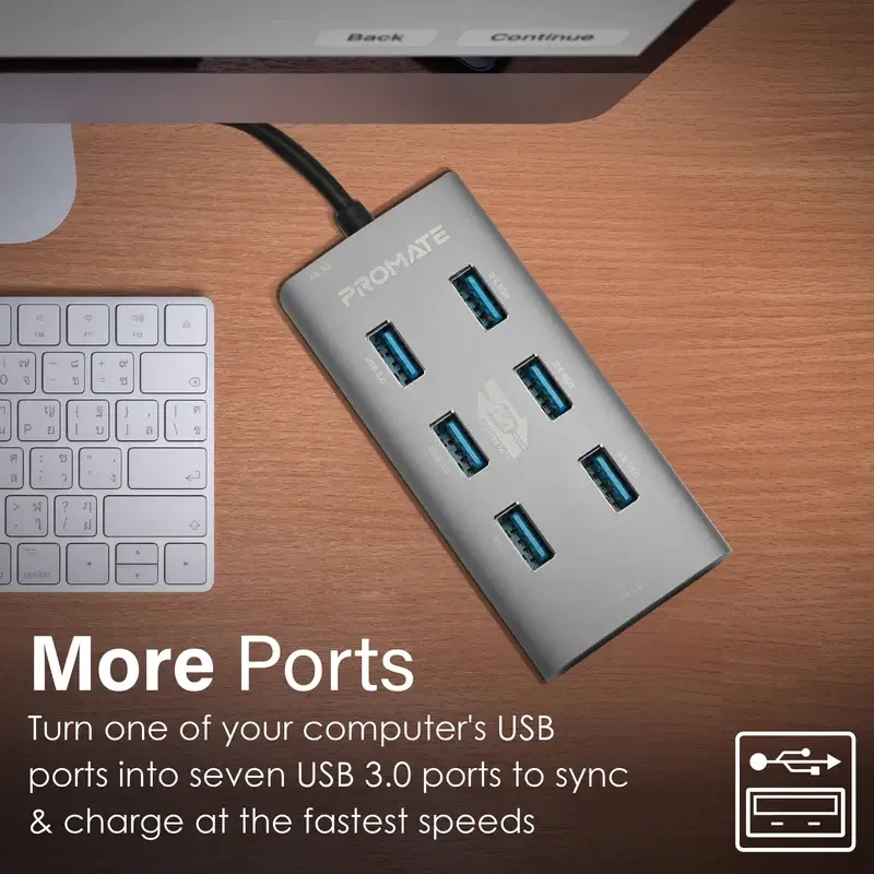 Promate USB Hub EzHub-7 with Type C Adapter - 7 USB Ports  for sale in Egypt from Games2Egypt