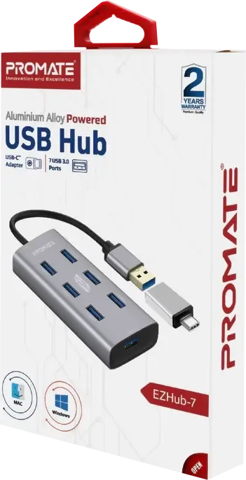 Promate USB Hub EzHub-7 with Type C Adapter - 7 USB Ports  for sale in Egypt from Games2Egypt