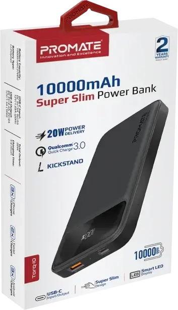 Promate Torq-10 (USB and Type C) Power Bank - Black  for sale in Egypt from Games2Egypt