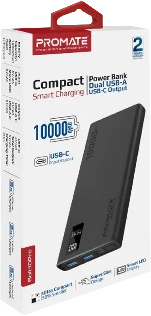 Promate Bolt-10Pro (Micro, المType C and Dual USB) Power Bank - Black  for sale in Egypt from Games2Egypt